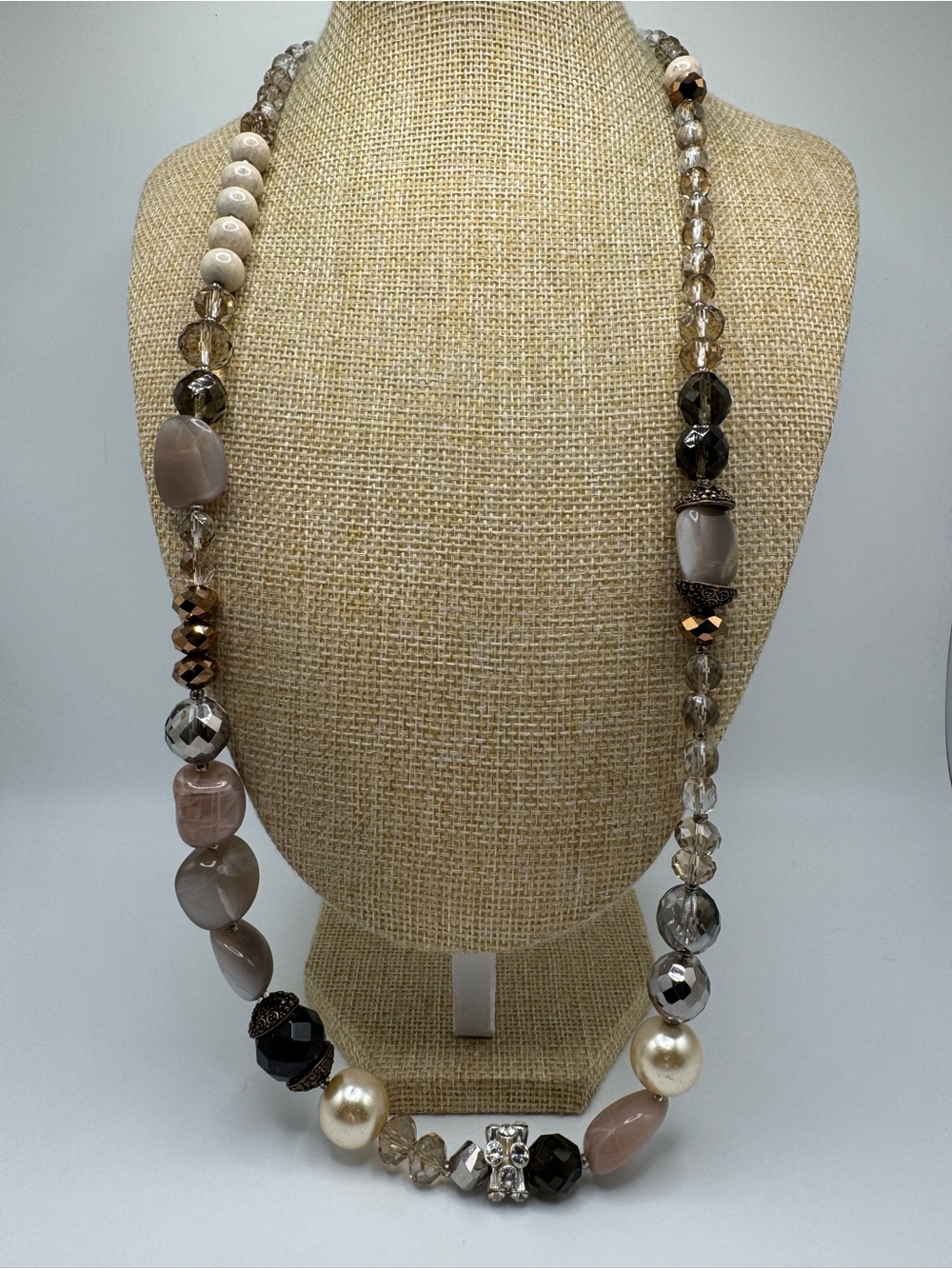 Hand Crafted Neutral Beaded Statement Necklace in Taupe, Pearl & Smoky Brown